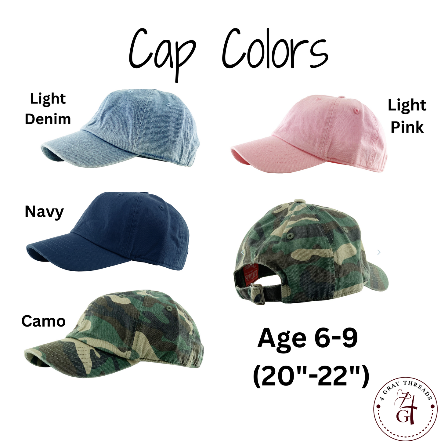 Kids (ages 6-9) Baseball Cap (click for more color options)